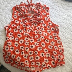 LOFT Orange Sleeveless Floral Ruffle Neck Blouse